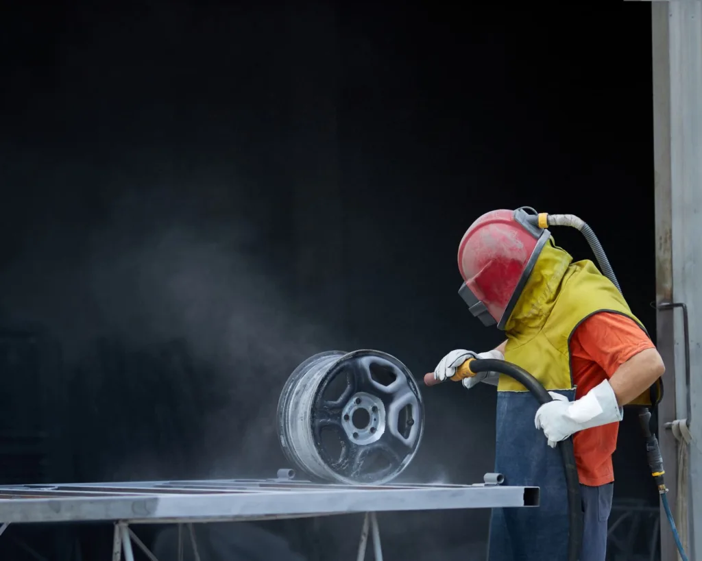 sableur effectuant un aerogommage sur jante de voiture